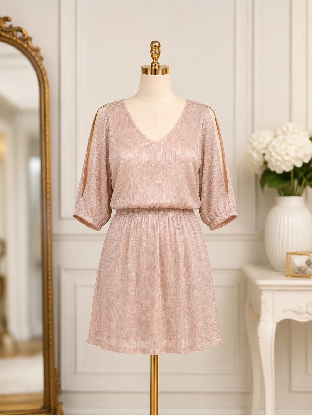 MSK Rose Gold Metallic Split Cold-Shoulder V-Neck Party Dress